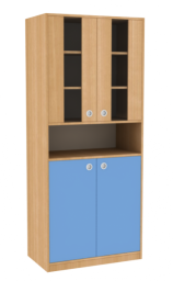 Dřevěná dětská skříň široká s dveřmi policí a prosklením vysoká