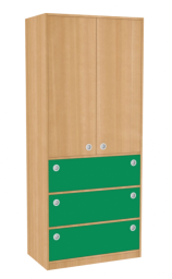 Dřevěná dětská skříň široká s dveřmi a zásuvkami vysoká